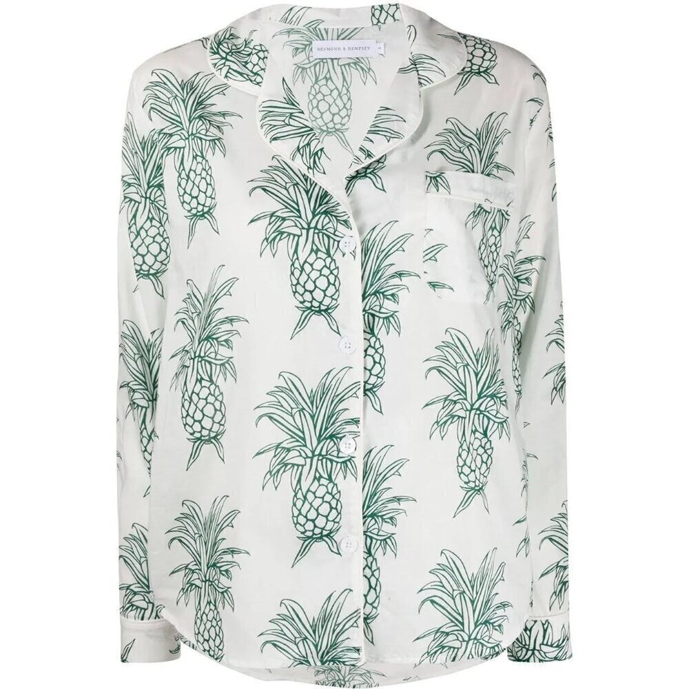 Desmond & Dempsey Pajama Top Cotton Long Sleeve Green Pineapples - S